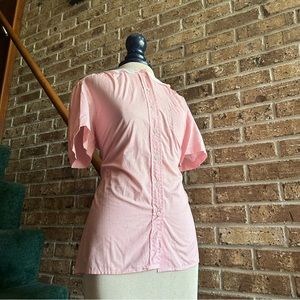 VTG 80s Retro Light Pink Short Sleeve White Lace Collar Button Front Dress Shirt